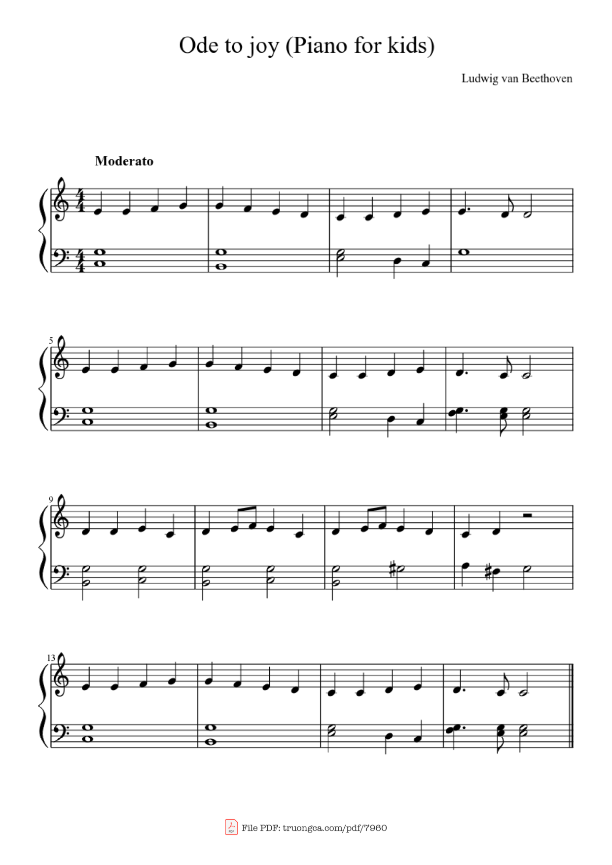 Ode to joy (Piano for Kids) Piano Sheet Music Page 1 Free PDF