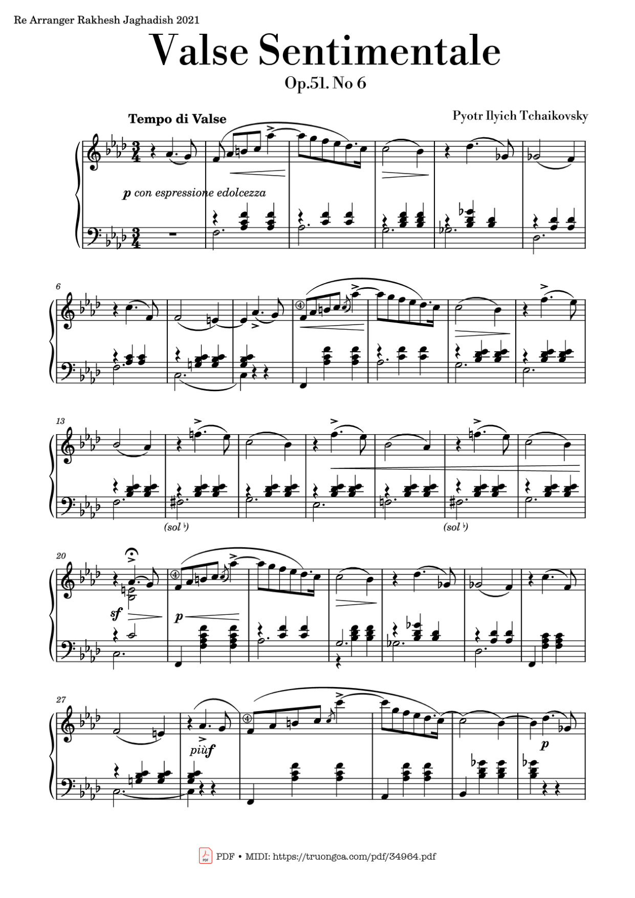 Valse Sentimentale Piano, Tchaikovsky Piano Sheet Music Page 1 Free PDF