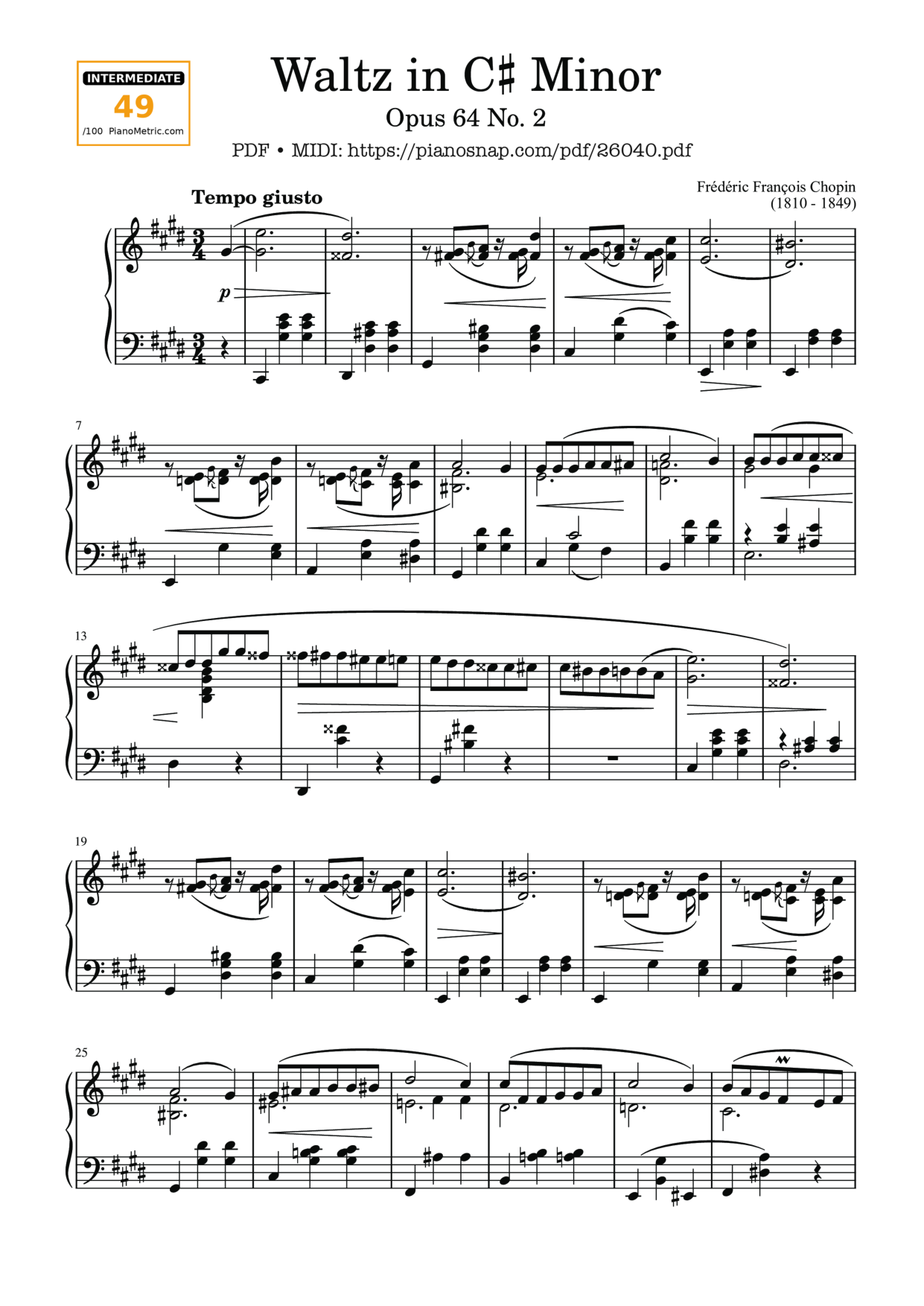 Waltz in C♯ Minor - Chopin Op.64, No.2 Piano Sheet Music Page 1 Free PDF