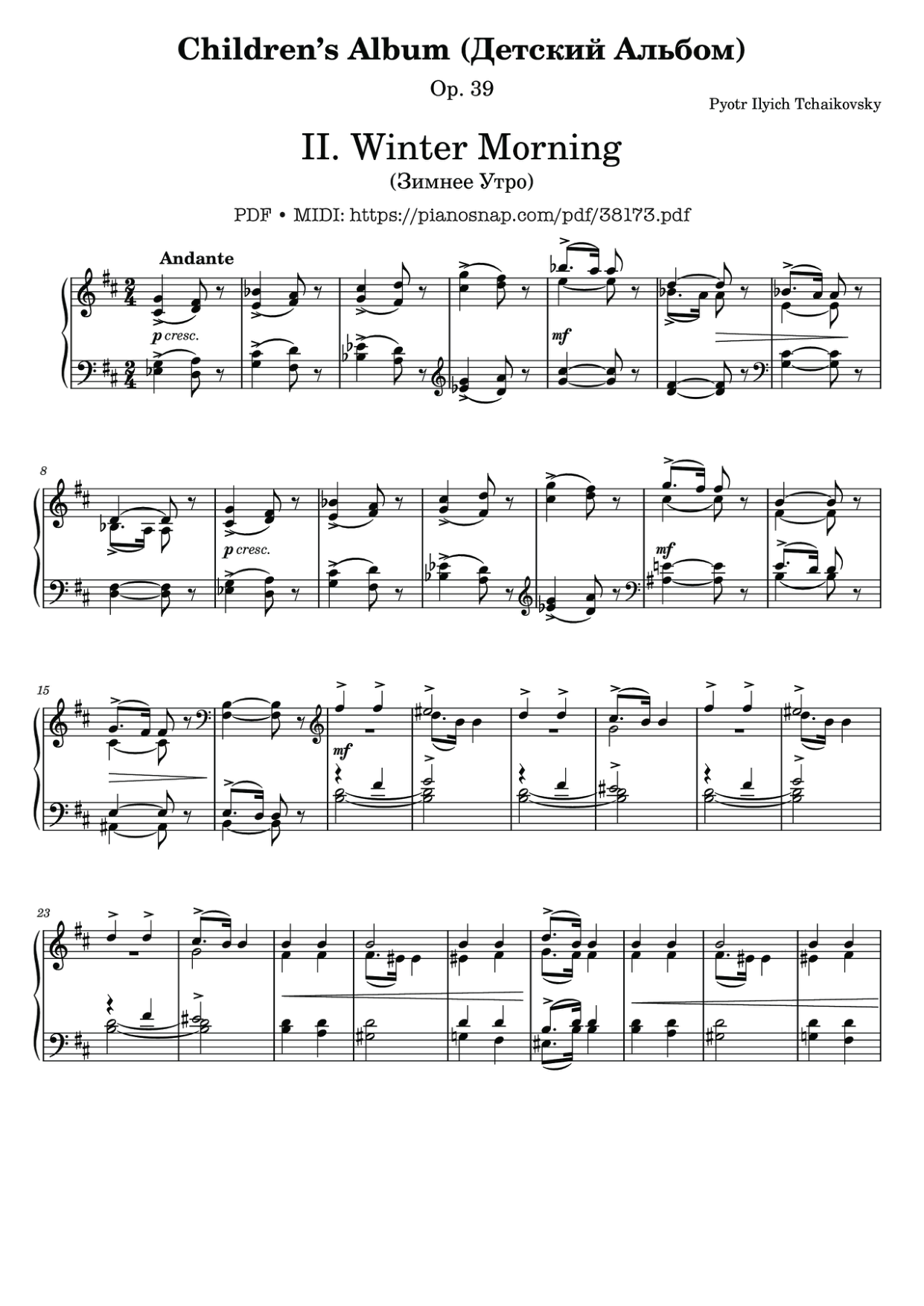 Winter Morning, Tchaikovsky, Album for the young Piano Sheet Music Page 1 Free PDF