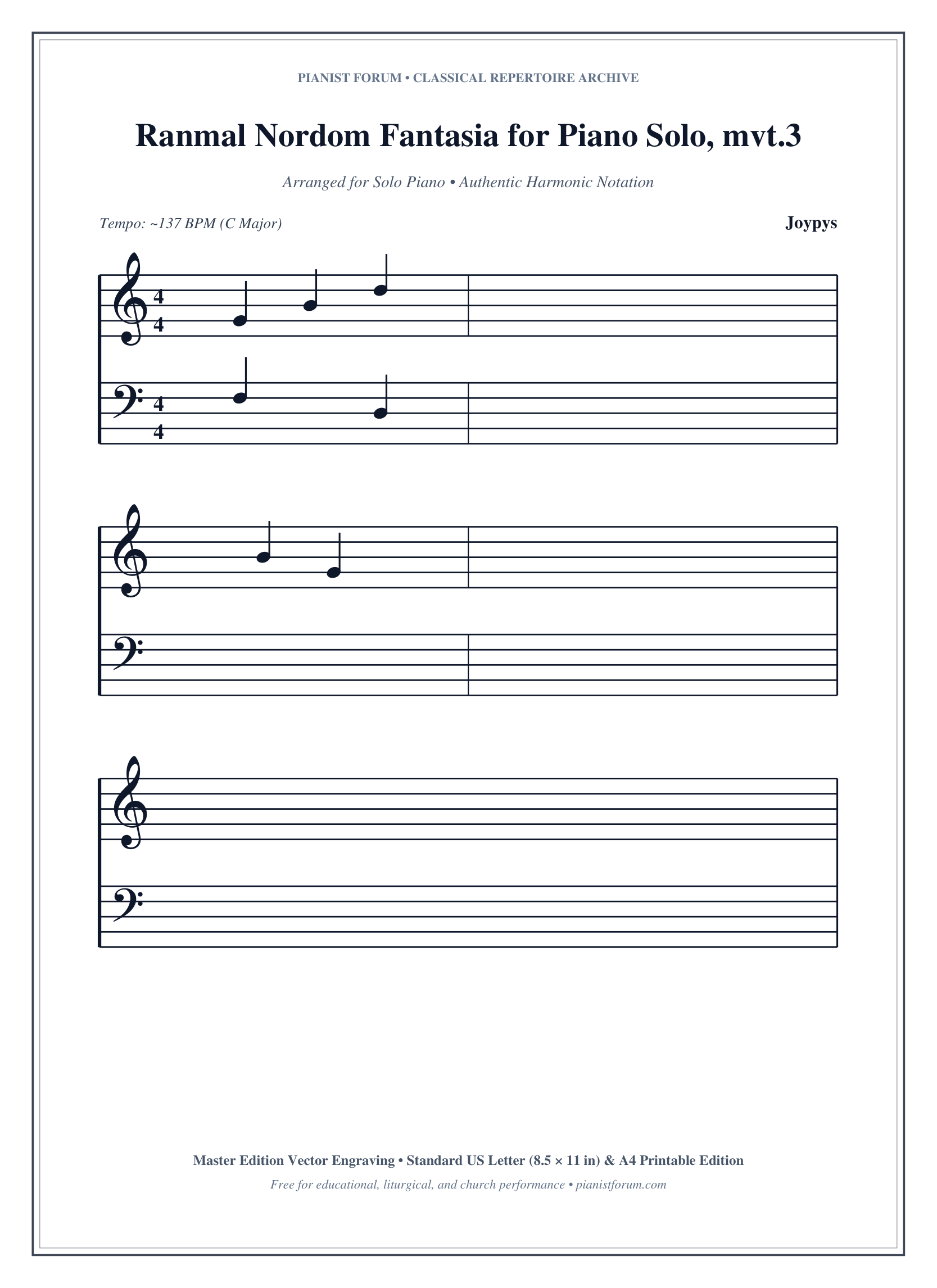 Ranmal Nordom Fantasia for Piano Solo, mvt.3 Piano Sheet Music Page 1 Free PDF