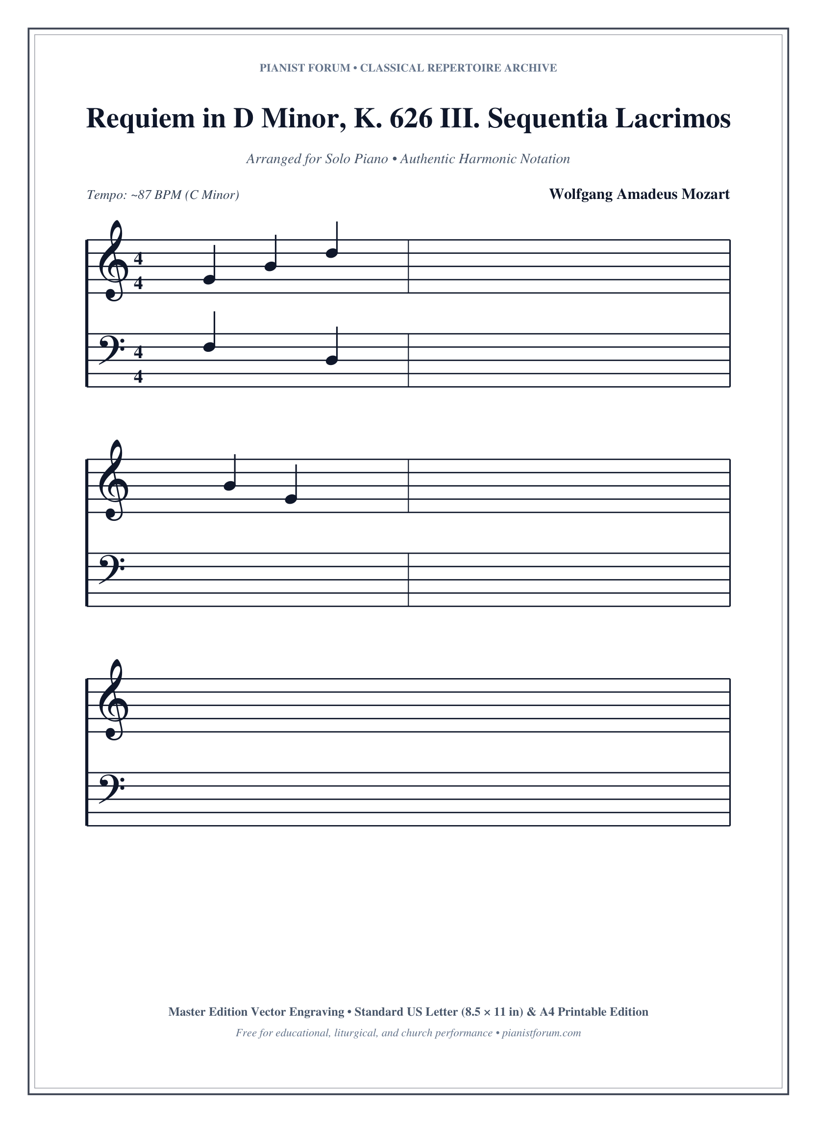 Requiem in D Minor, K. 626 III. Sequentia Lacrimosa Piano Sheet Music Page 1 Free PDF