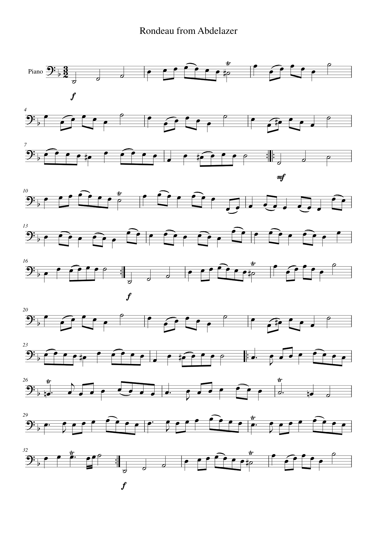 Rondeau from Abdelazer Piano Sheet Music Page 1 Free PDF
