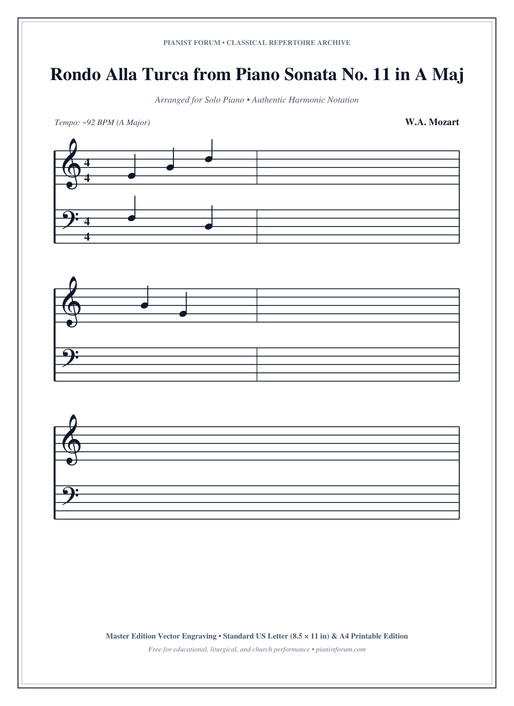 Rondo Alla Turca from Piano Sonata No. 11 in A Major, K. 331 III. Allegretto Piano Sheet Music Page 1 Free PDF