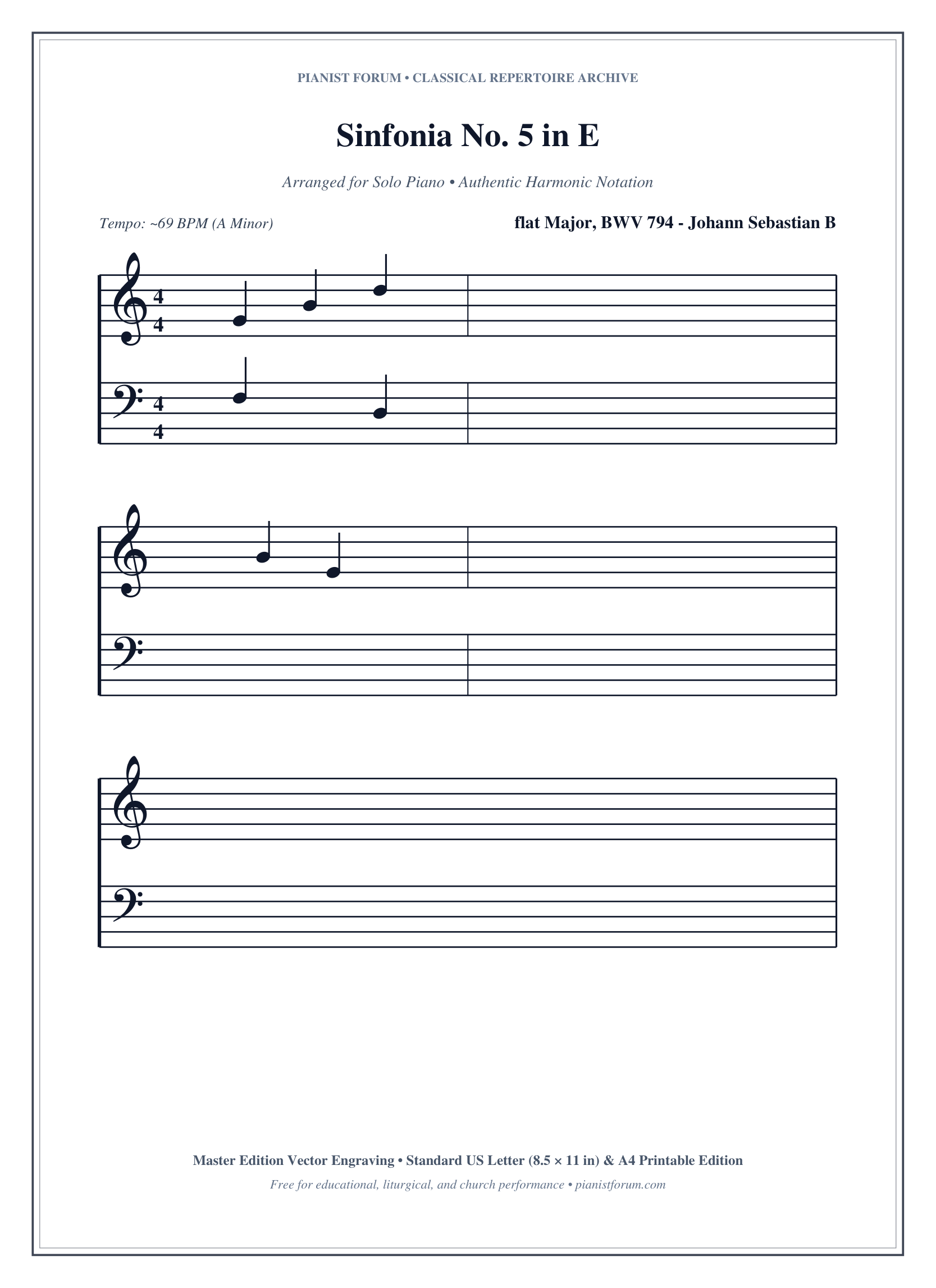 Sinfonia No. 5 in E Piano Sheet Music Page 1 Free PDF