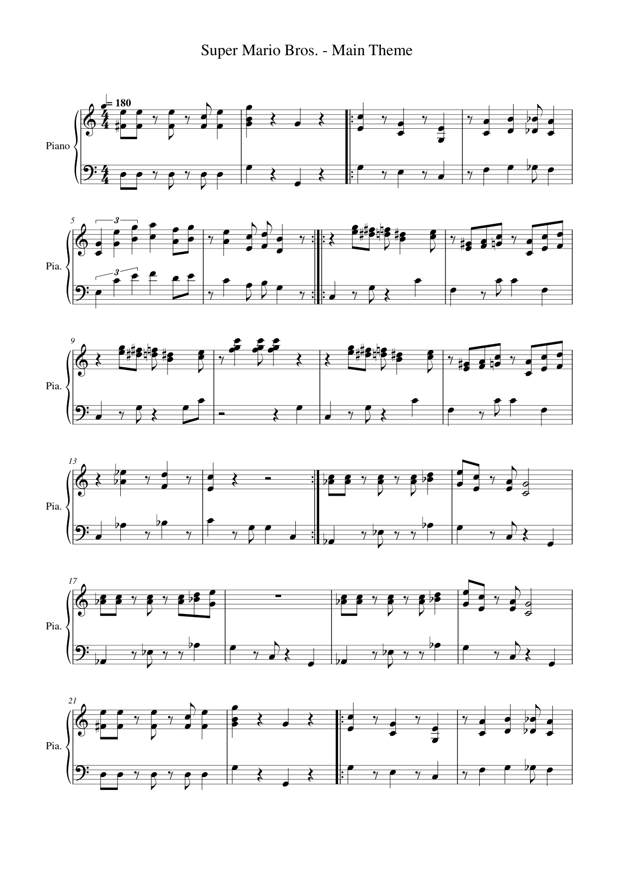 Super Mario Bros. Piano Sheet Music Page 1 Free PDF