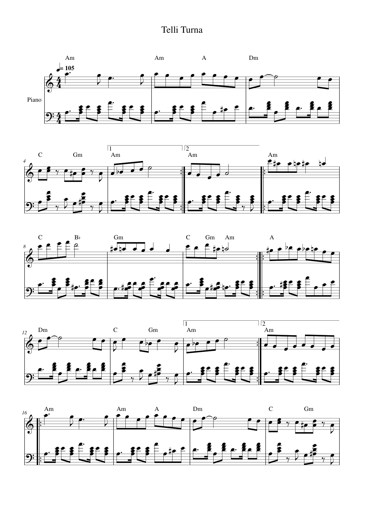 Telli Turna Piano Sheet Music Page 1 Free PDF