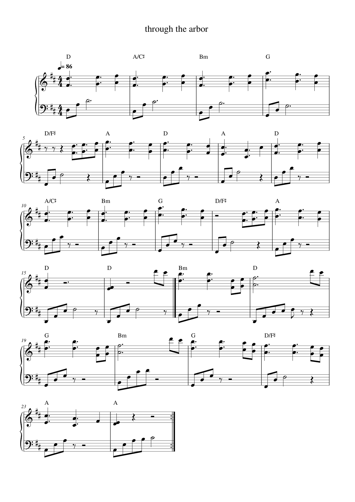 through the arbor Piano Sheet Music Page 1 Free PDF