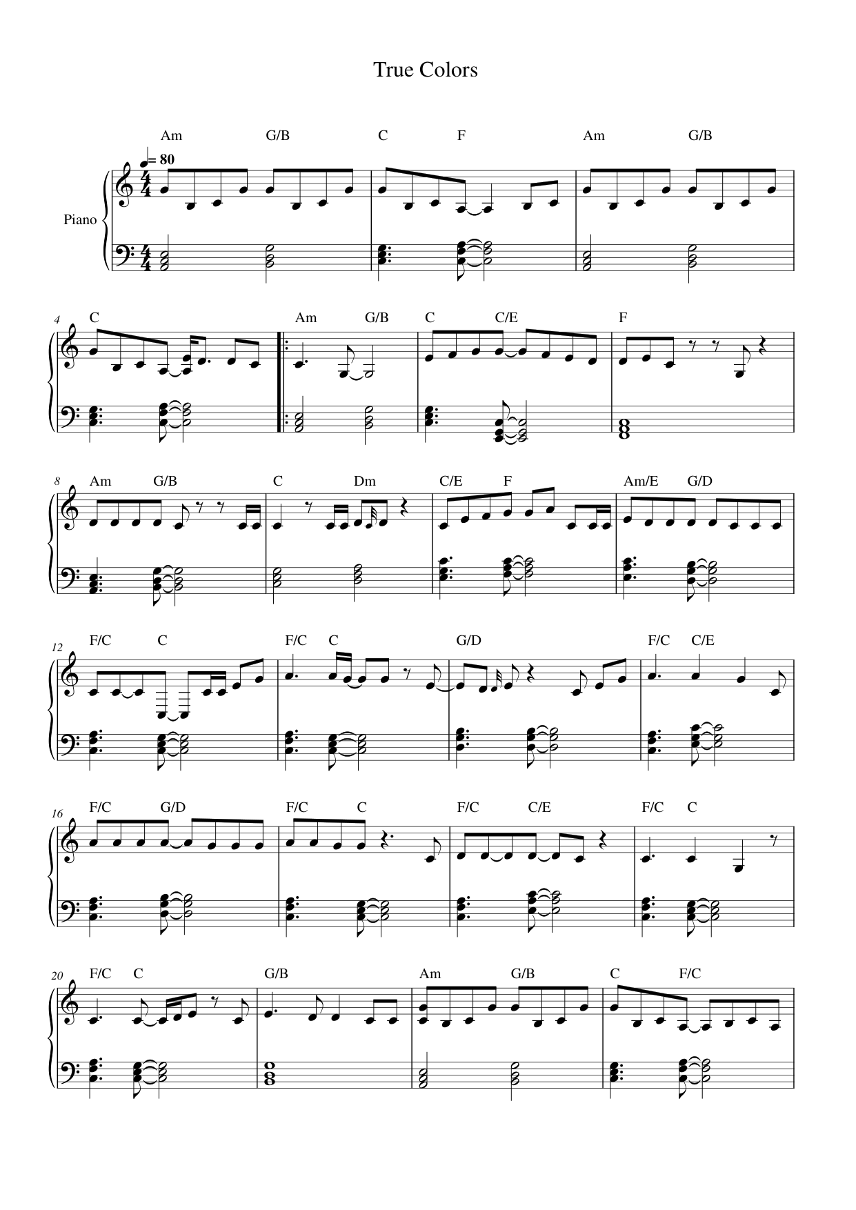 True Colors Piano Sheet Music Page 1 Free PDF
