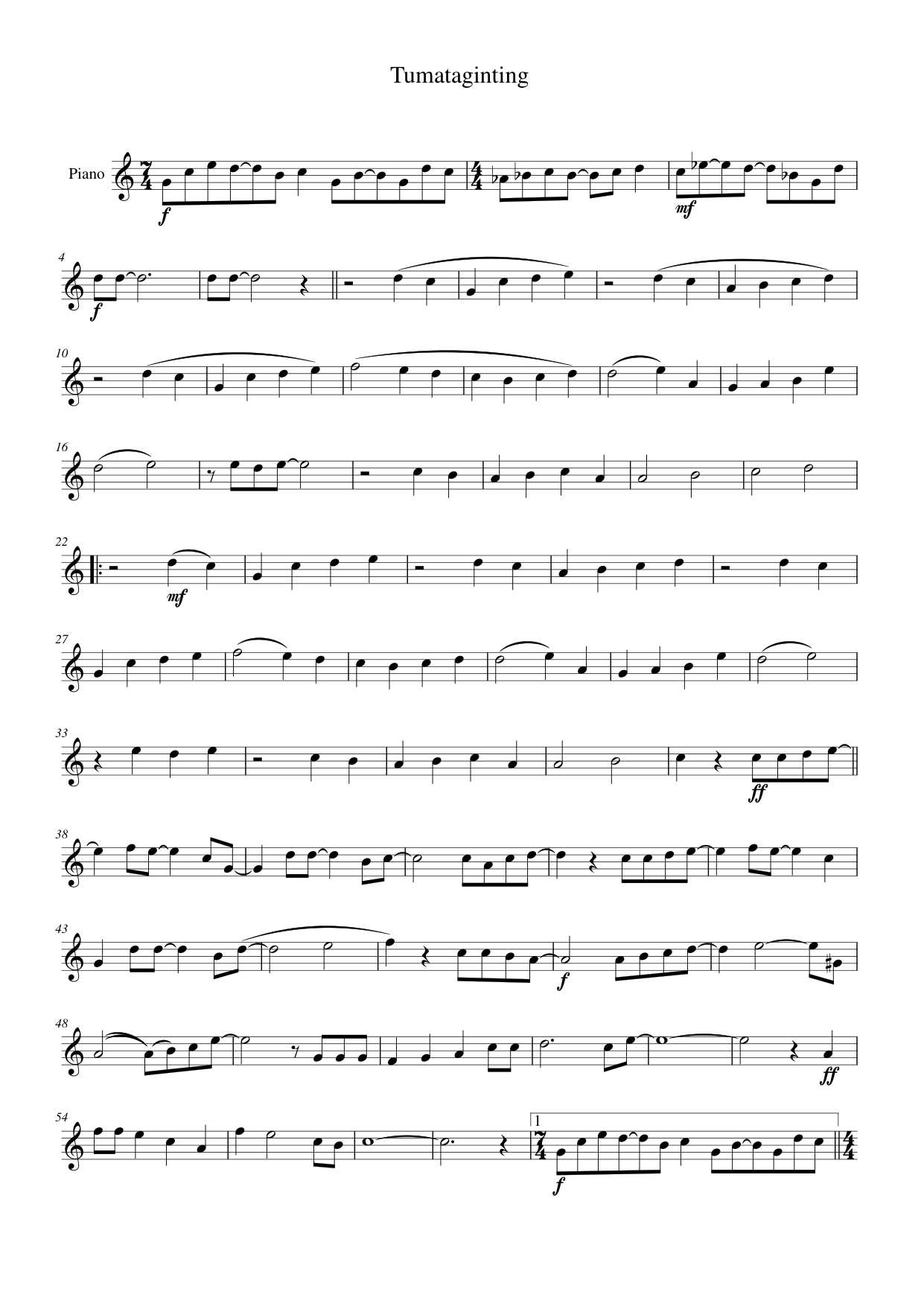 Tumataginting Piano Sheet Music Page 1 Free PDF