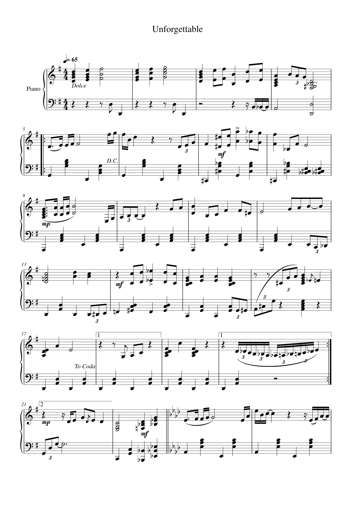 Unforgettable Piano Sheet Music Page 1 Free PDF
