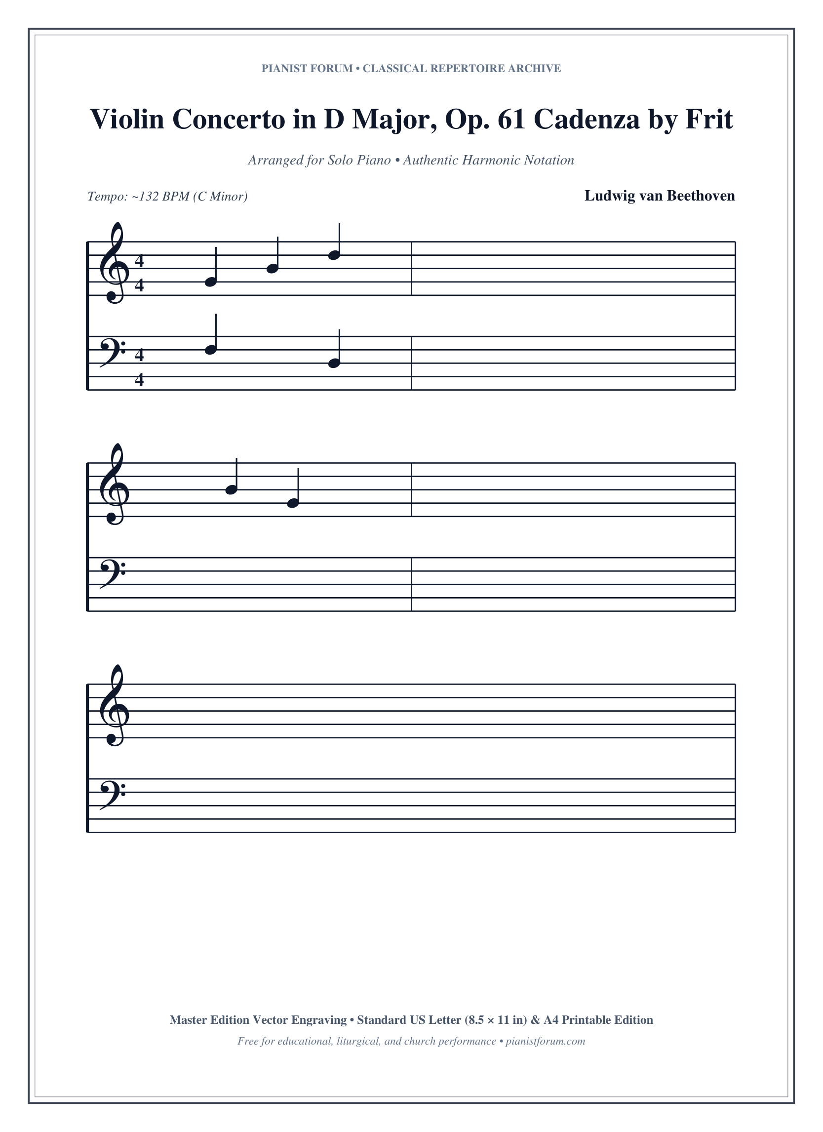 Violin Concerto in D Major, Op. 61 Cadenza by Fritz Kreisler Piano Sheet Music Page 1 Free PDF
