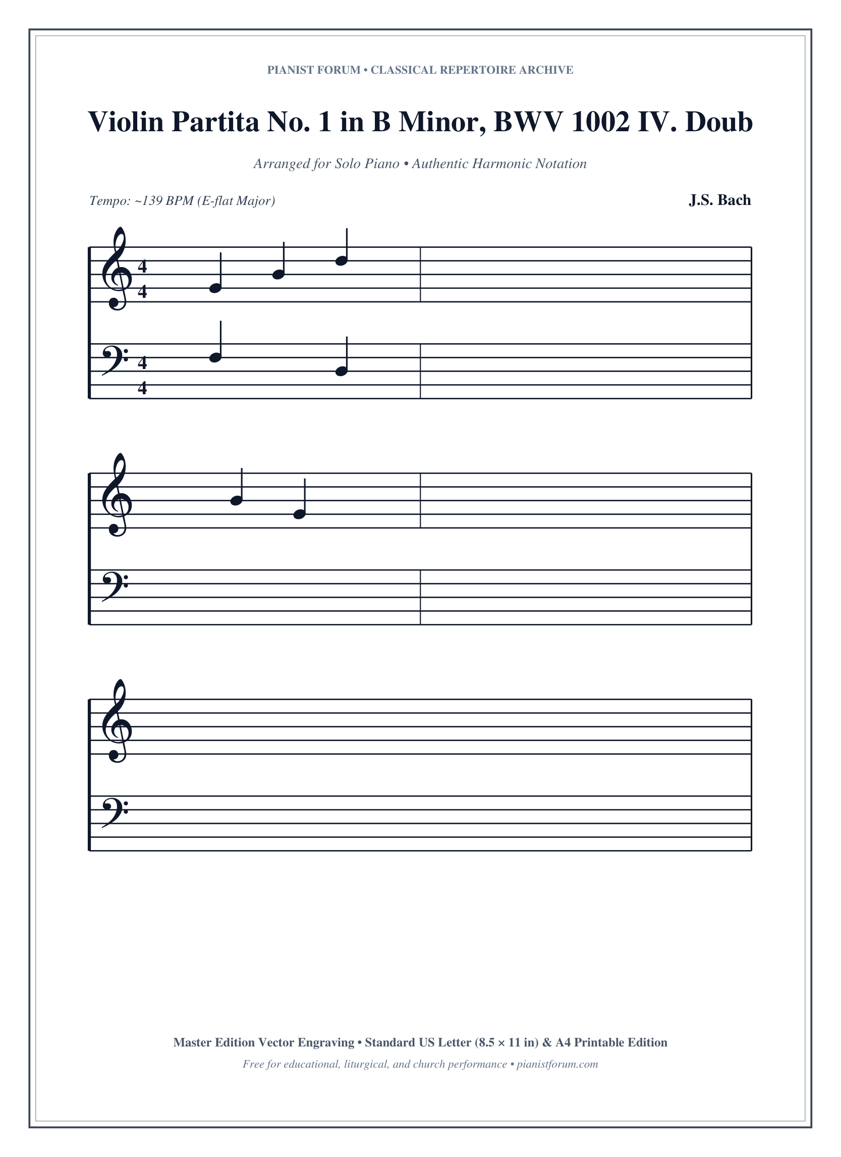 Violin Partita No. 1 in B Minor, BWV 1002 IV. Double Presto Piano Sheet Music Page 1 Free PDF