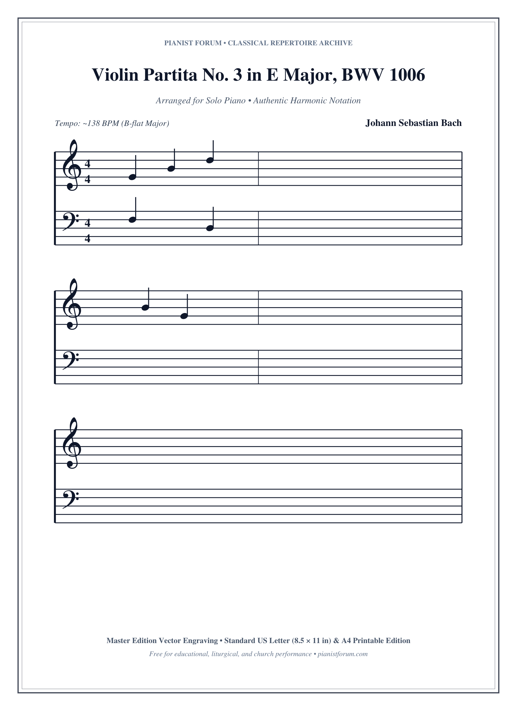 Violin Partita No. 3 in E Major, BWV 1006 Piano Sheet Music Page 1 Free PDF