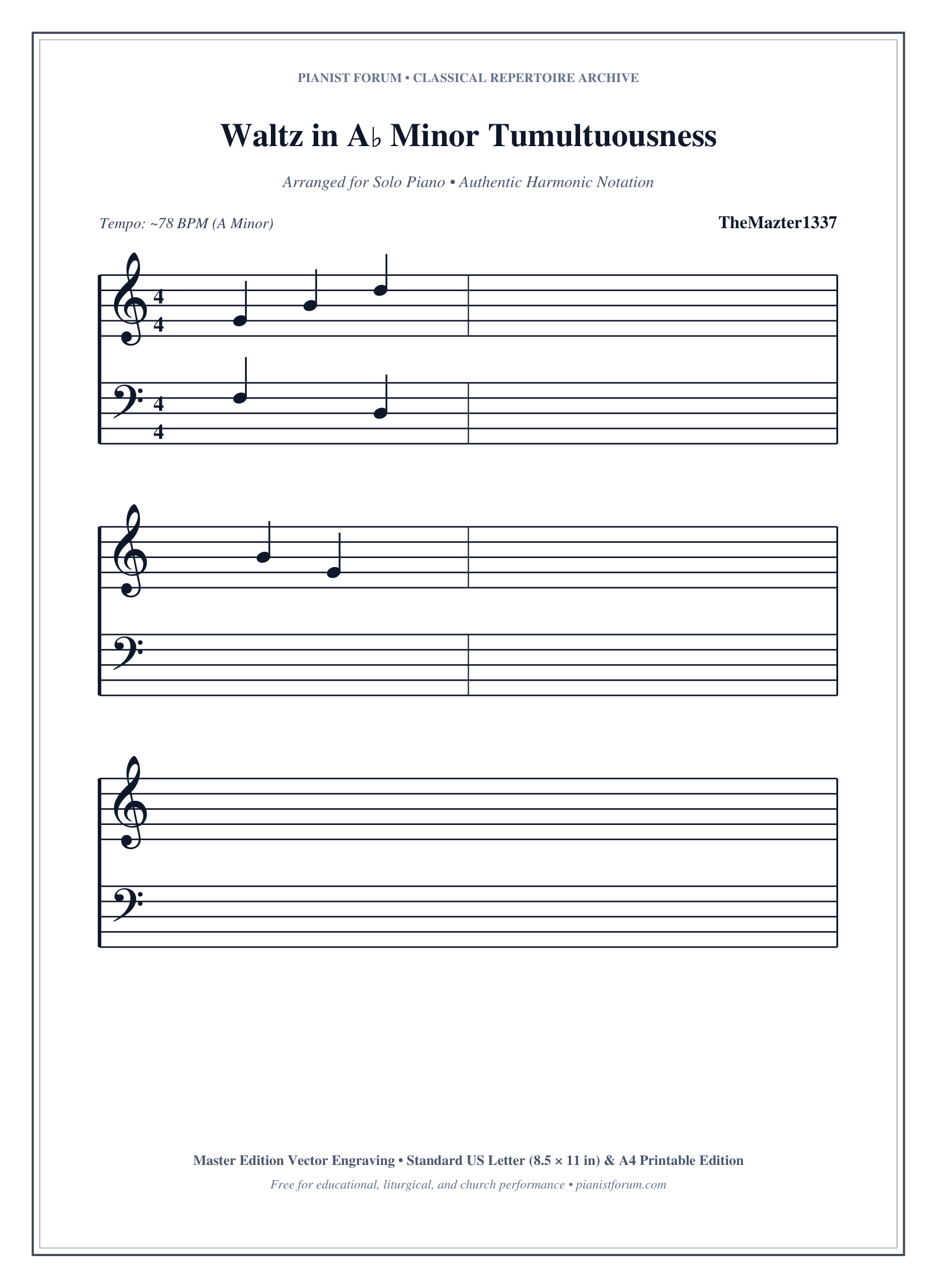Waltz in A♭ Minor Tumultuousness Piano Sheet Music Page 1 Free PDF