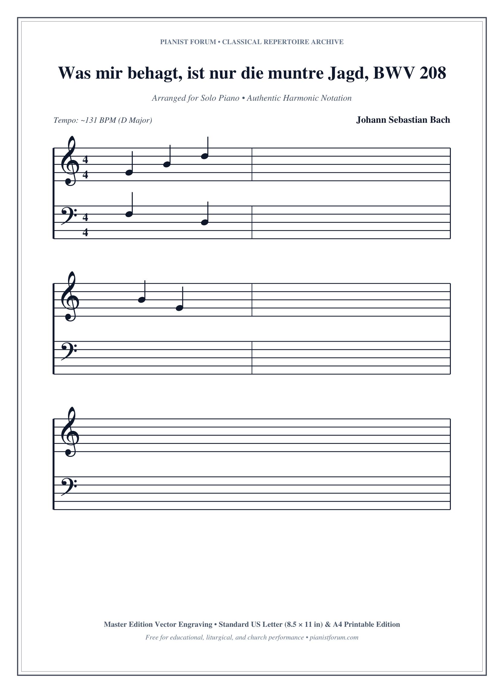 Was mir behagt, ist nur die muntre Jagd, BWV 208 Piano Sheet Music Page 1 Free PDF