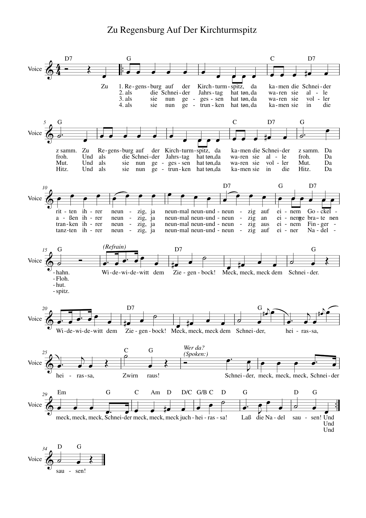 Zu Regensburg Auf Der Kirchturmspitz Piano Sheet Music Page 1 Free PDF